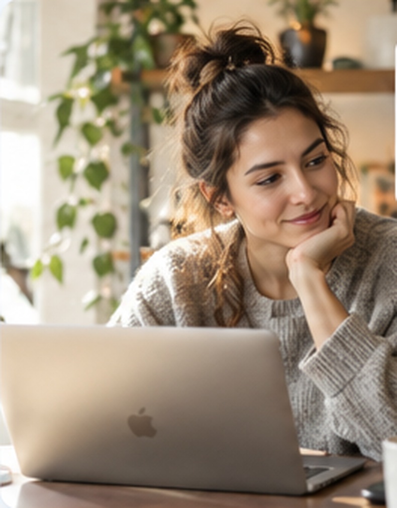 Entrepreneur reviewing ideas on a laptop in a bright workspace