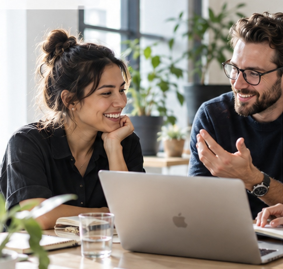 Two startup colleagues discussing a business idea at a laptop